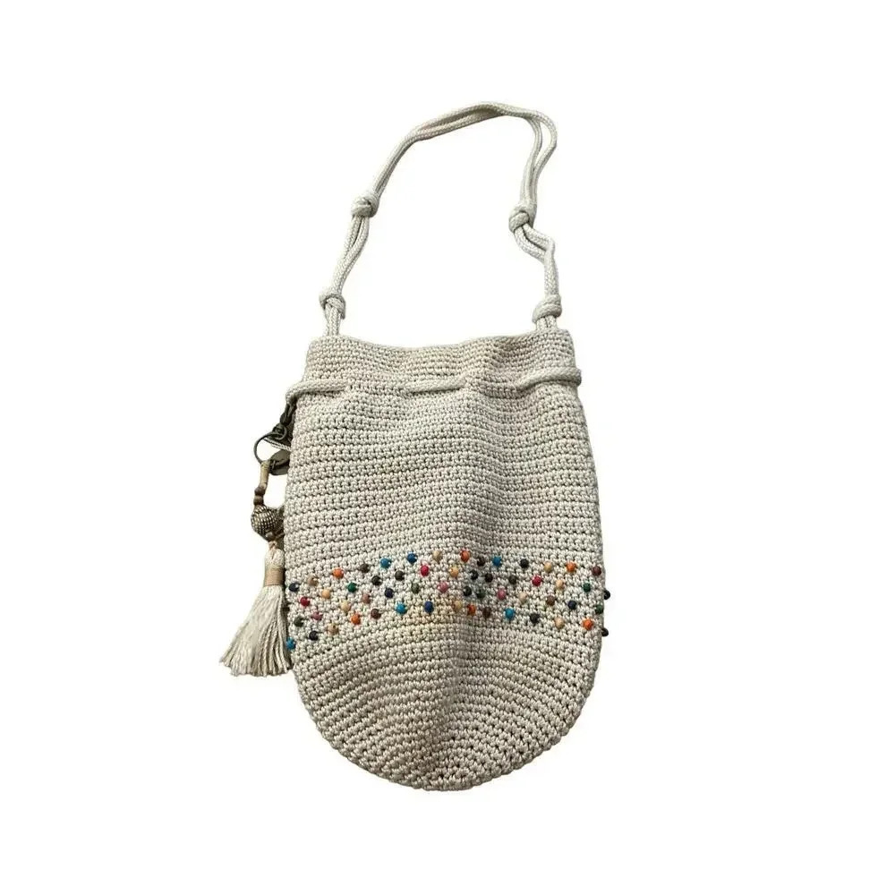 The Sak Beige Crochet Drawstring Crossbody Shoulder Bag